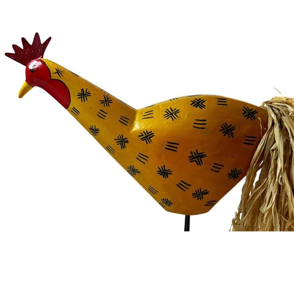 Handcrafted Wooden Yellow Decorative Rooster With Raffia Tail & Black Base Stand - Picture 3 of 10